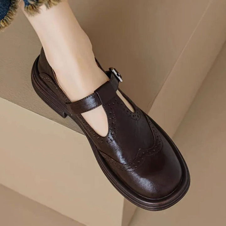 Women's Leather Brogue T-Strap Mary Jane Flat Shoes - Brown