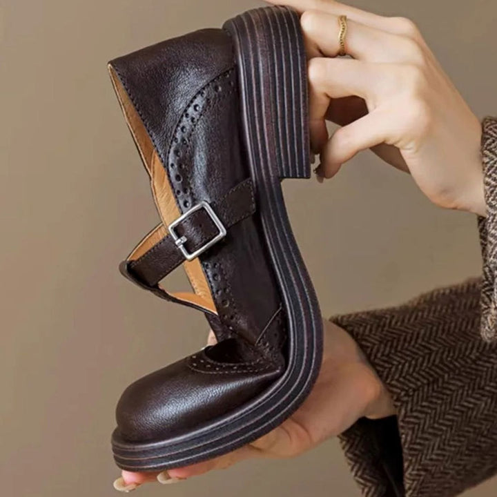Women's Leather Brogue T-Strap Mary Jane Flat Shoes