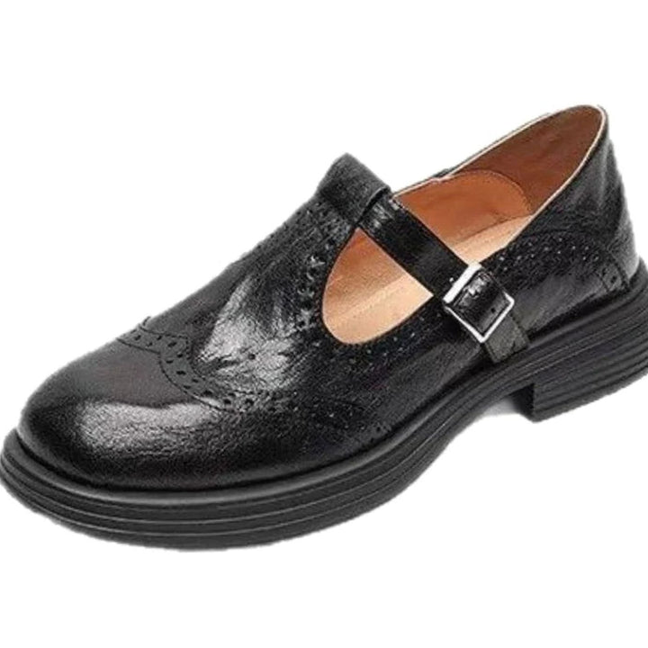 Women's Leather Brogue T-Strap Mary Jane Flat Shoes
