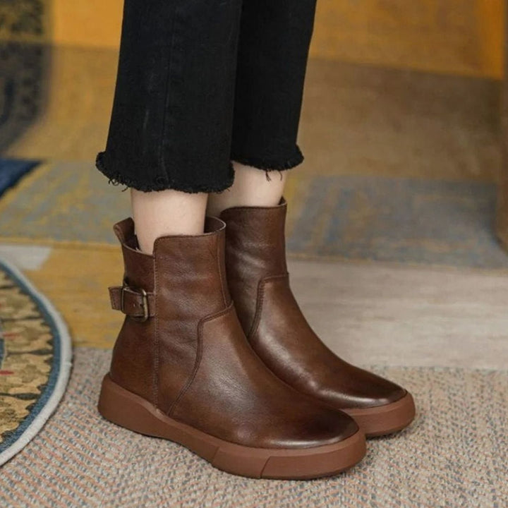 Women's Leather Buckle-Detail Platform Ankle Boots - Brown