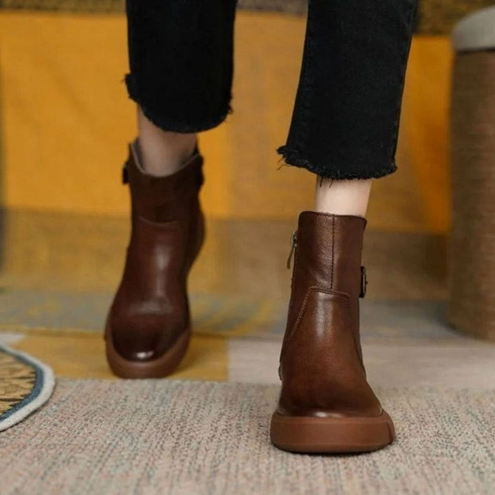 Women's Leather Buckle-Detail Platform Ankle Boots