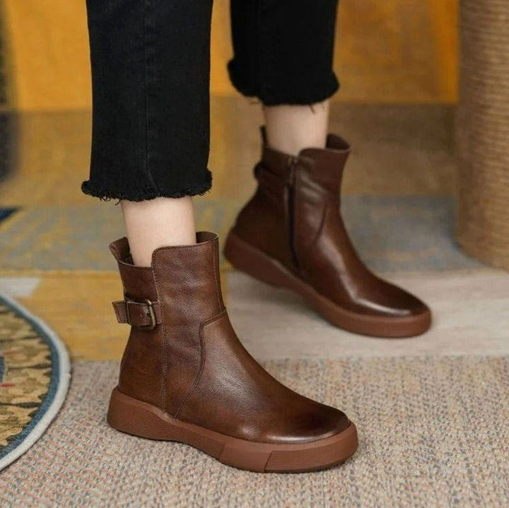 Women's Leather Buckle-Detail Platform Ankle Boots