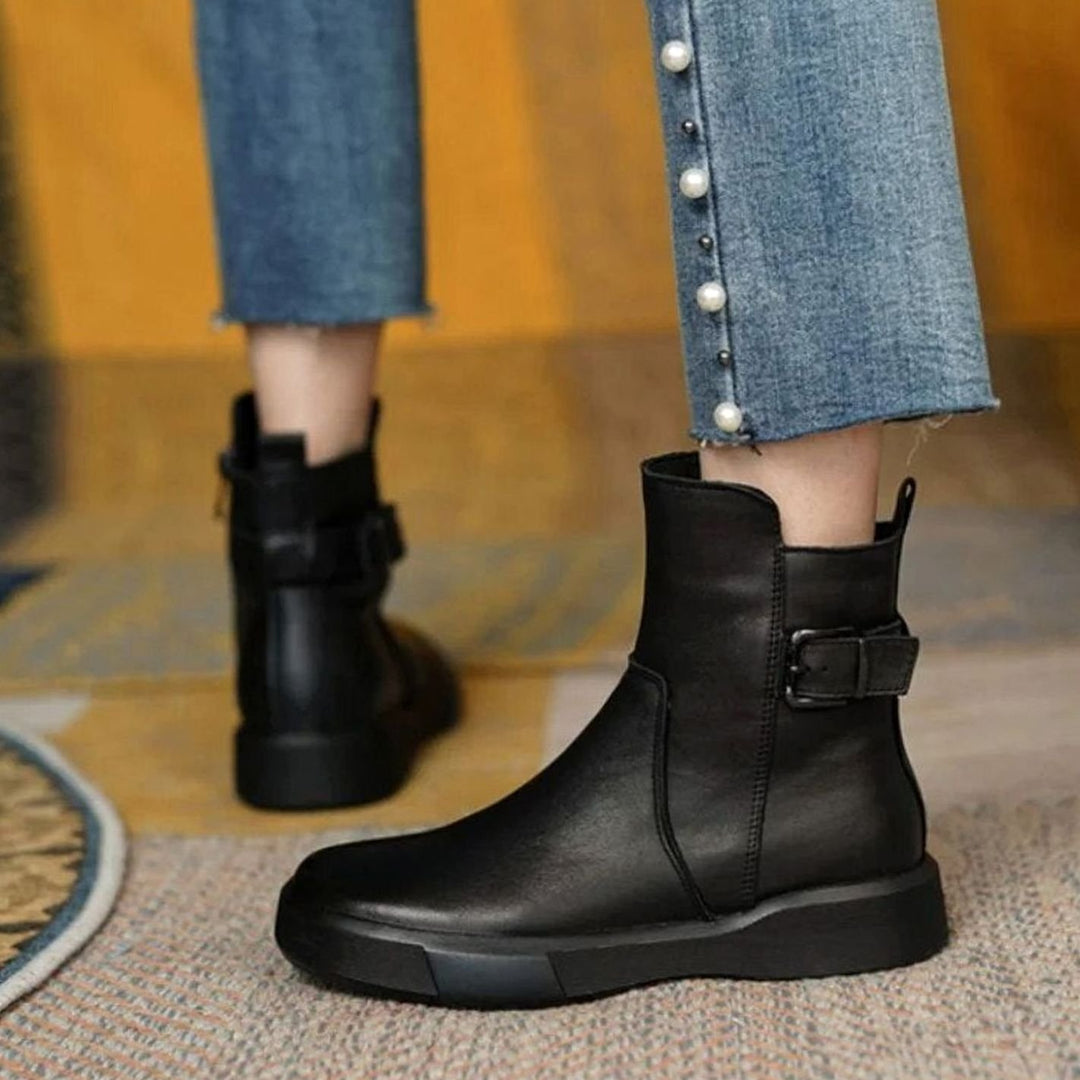 Women's Leather Buckle-Detail Platform Ankle Boots