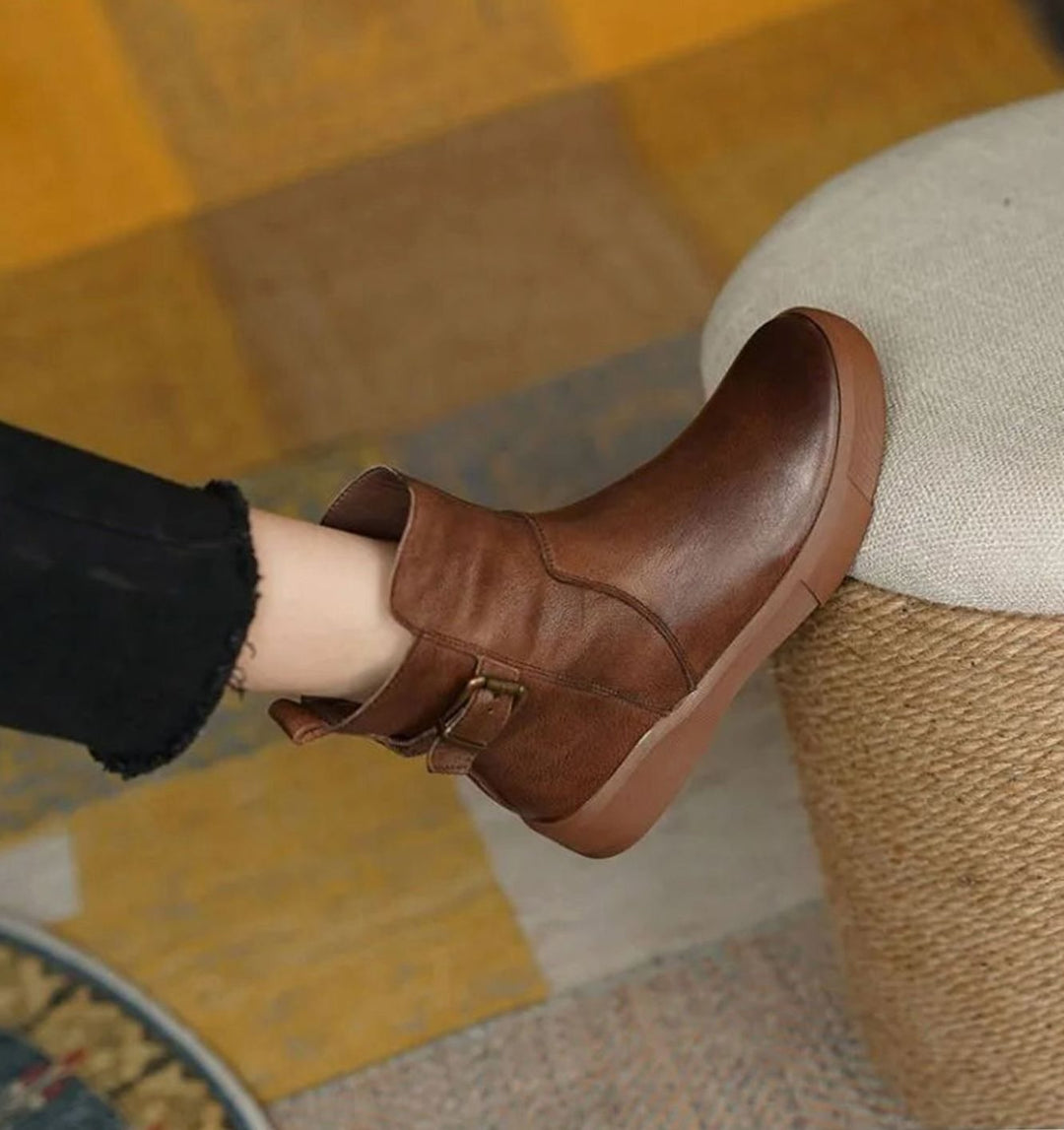 Women's Leather Buckle-Detail Platform Ankle Boots