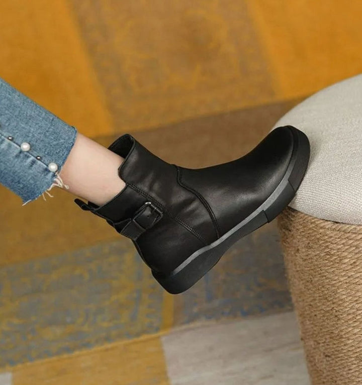 Women's Leather Buckle-Detail Platform Ankle Boots