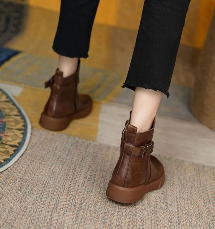 Women's Leather Buckle-Detail Platform Ankle Boots
