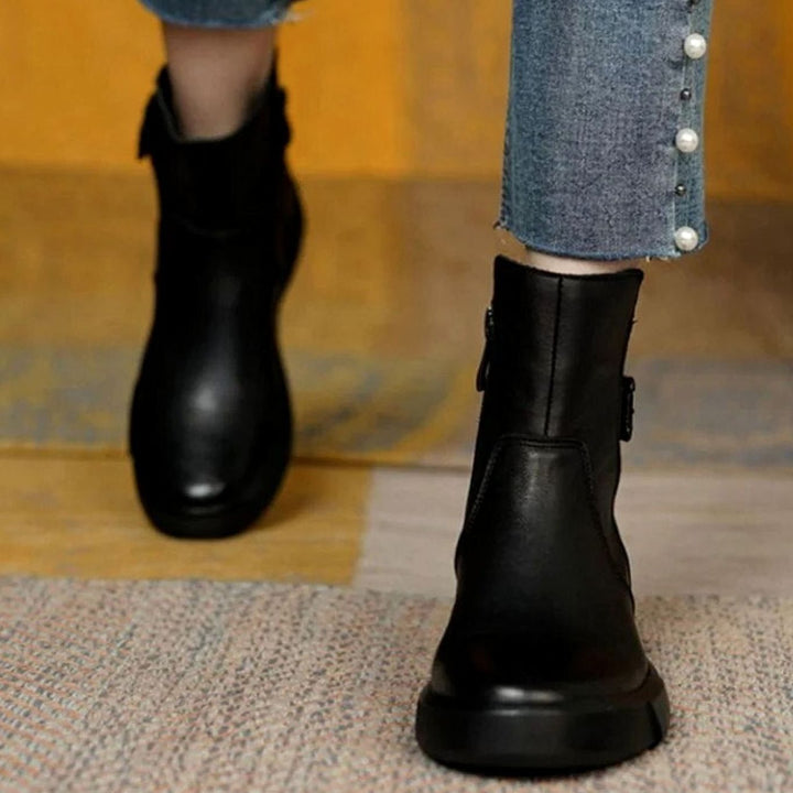 Women's Leather Buckle-Detail Platform Ankle Boots - Black