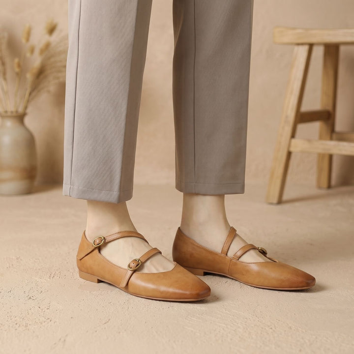 Women's Leather Double-Strap Mary Jane Flats - Brown