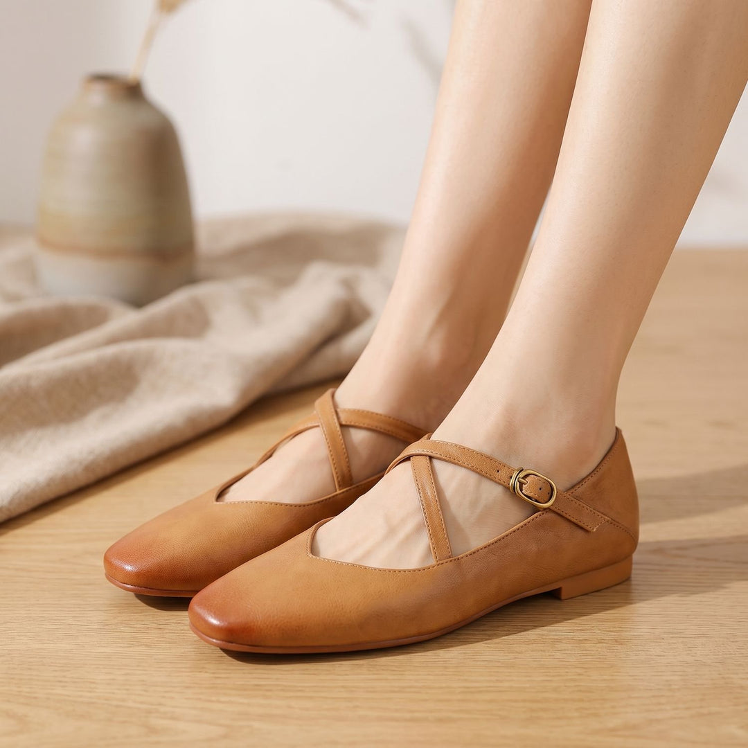 Women's Leather Double-Strap Mary Jane Flats