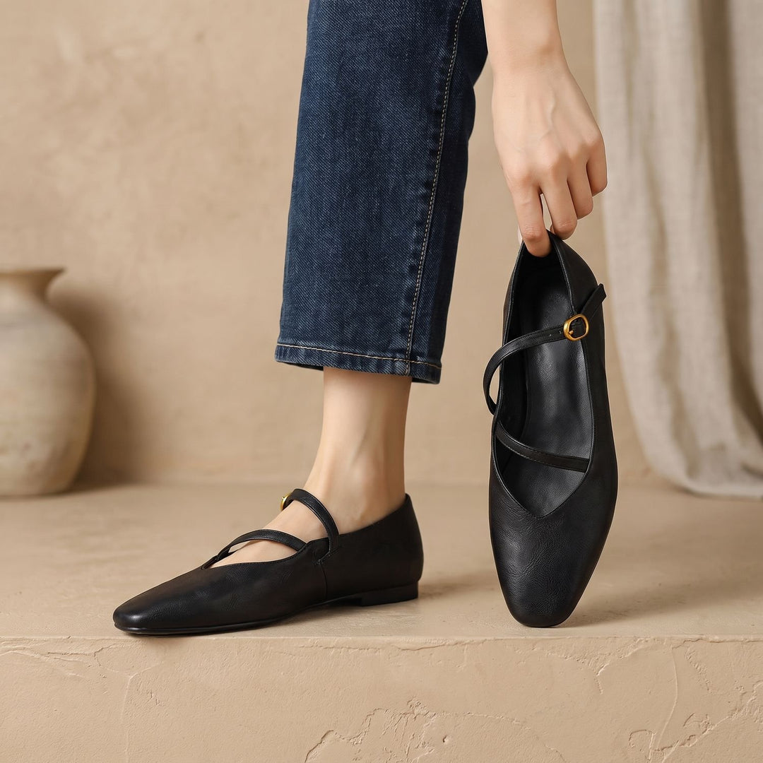 Women's Leather Double-Strap Mary Jane Flats - Black