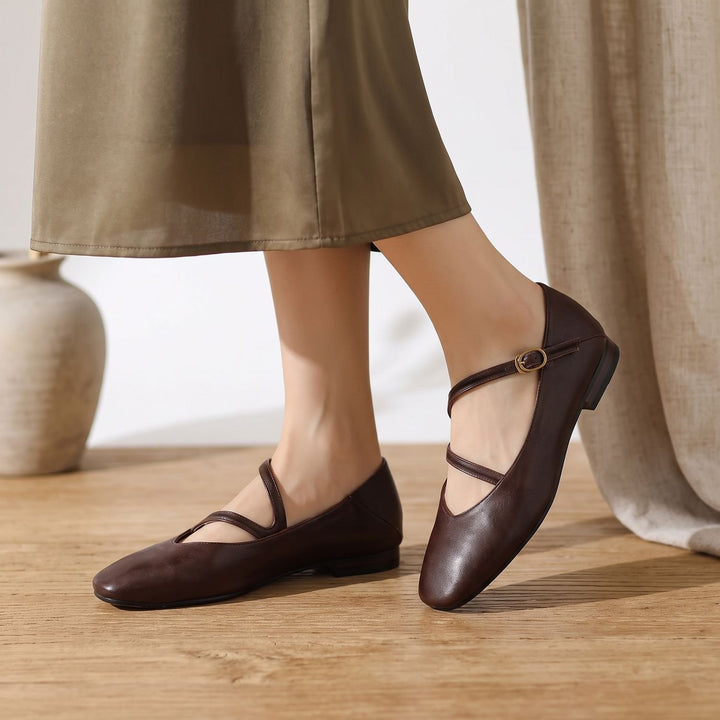 Women's Leather Double-Strap Mary Jane Flats - Mocha