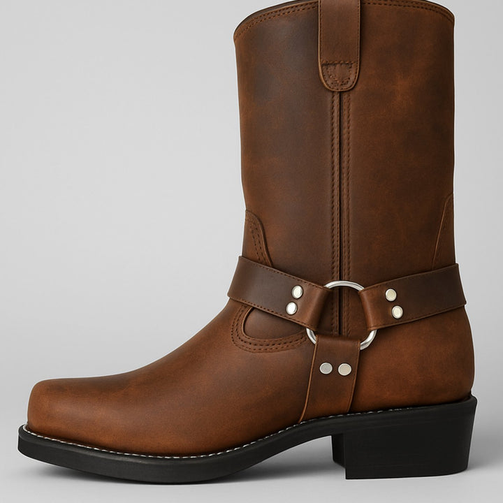 Women's Leather Harness-Buckle Mid-Calf Cowboy Boots - Yellow Brown