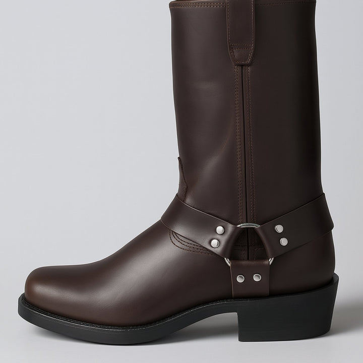 Women's Leather Harness-Buckle Mid-Calf Cowboy Boots - Dark Brown