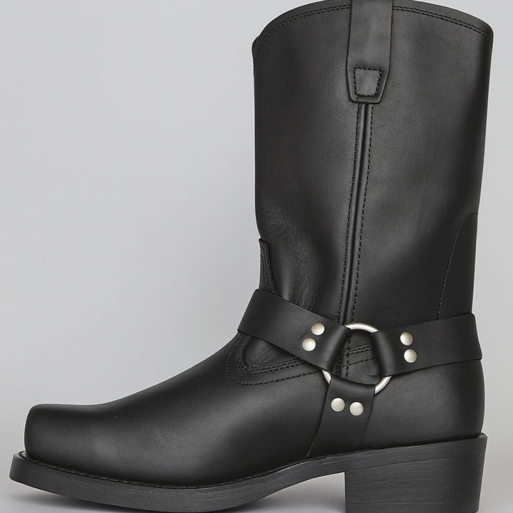 Women's Leather Harness-Buckle Mid-Calf Cowboy Boots - Black