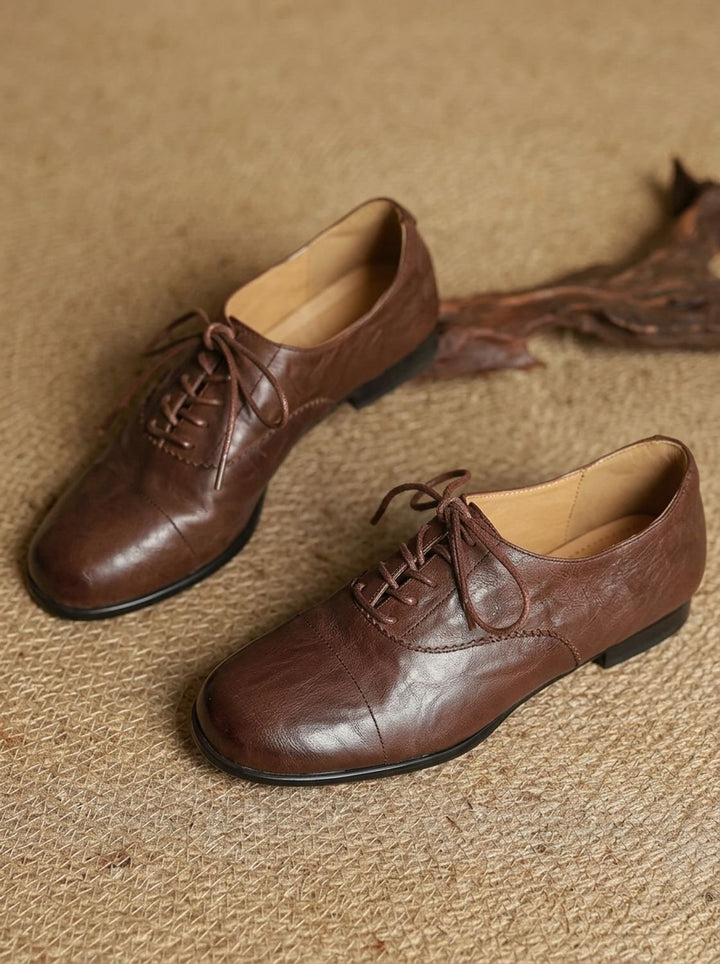 Women's Leather Lace-Up Cap Toe Oxford Flat Shoes