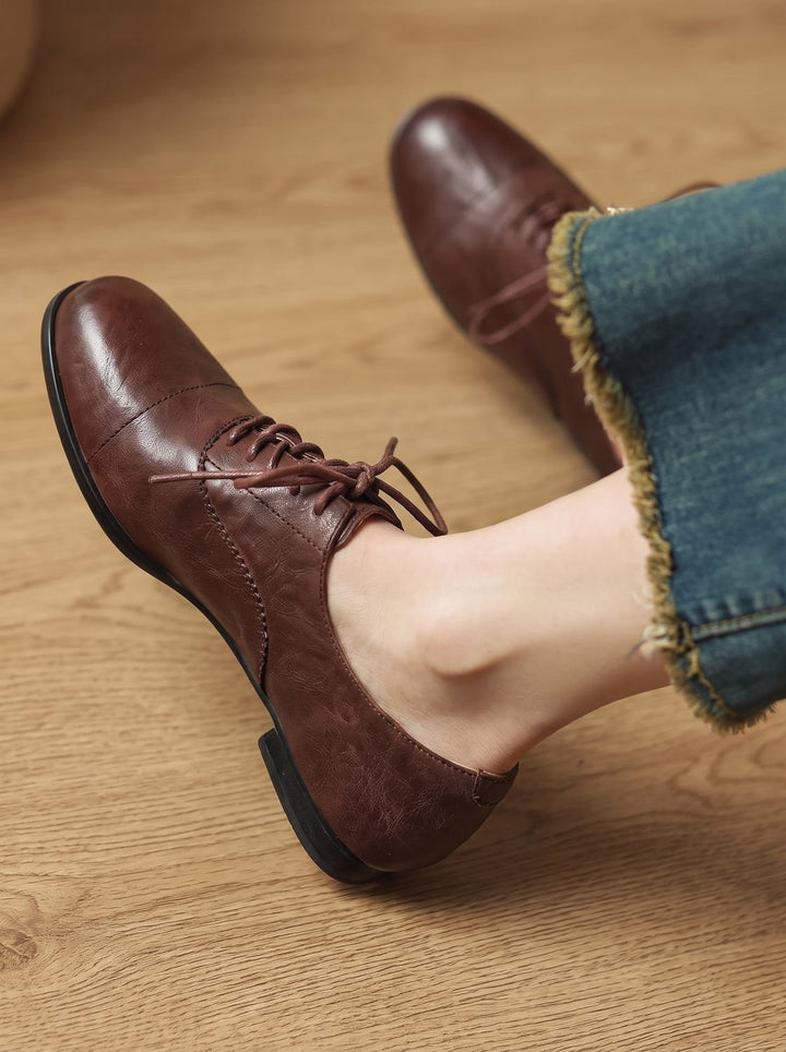 Women's Leather Lace-Up Cap Toe Oxford Flat Shoes