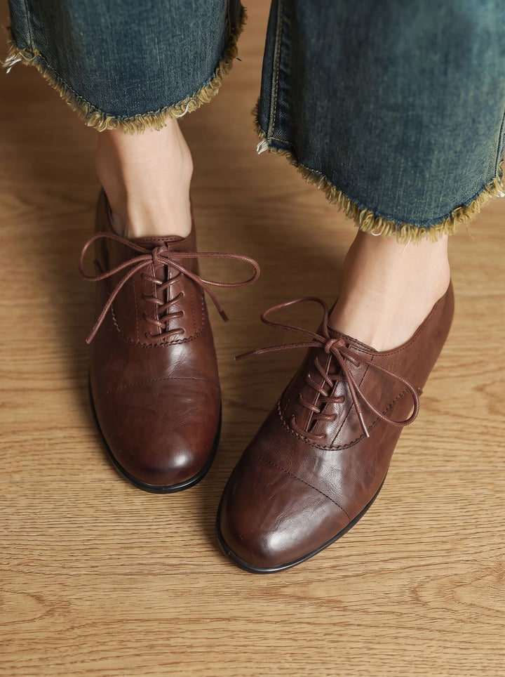 Women's Leather Lace-Up Cap Toe Oxford Flat Shoes