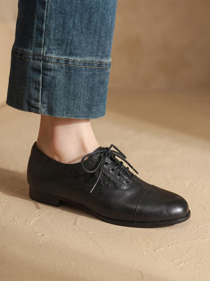 Women's Leather Lace-Up Cap Toe Oxford Flat Shoes