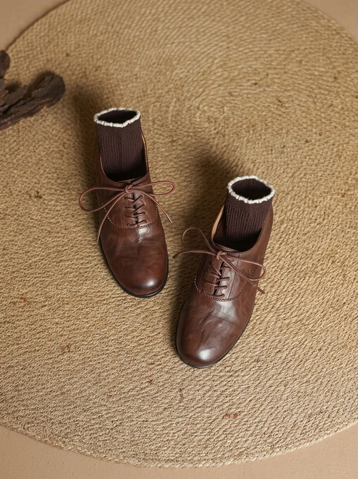 Women's Leather Lace-Up Cap Toe Oxford Flat Shoes