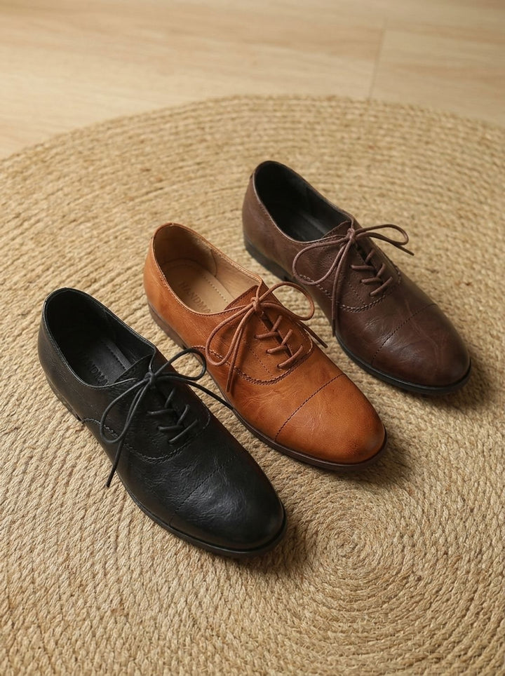 Women's Leather Lace-Up Cap Toe Oxford Flat Shoes