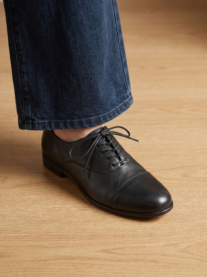 Women's Leather Lace-Up Cap Toe Oxford Flat Shoes