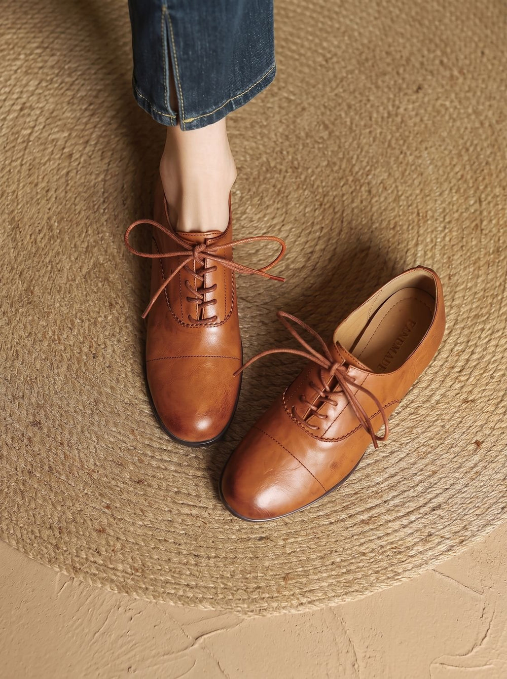 Women's Leather Lace-Up Cap Toe Oxford Flat Shoes