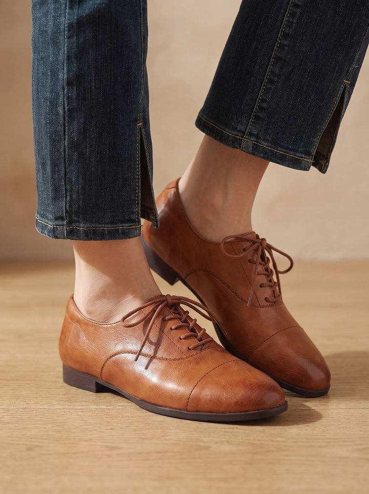 Women's Leather Lace-Up Cap Toe Oxford Flat Shoes