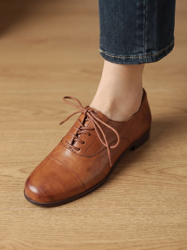 Women's Leather Lace-Up Cap Toe Oxford Flat Shoes
