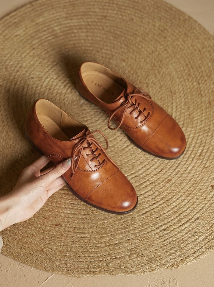 Women's Leather Lace-Up Cap Toe Oxford Flat Shoes