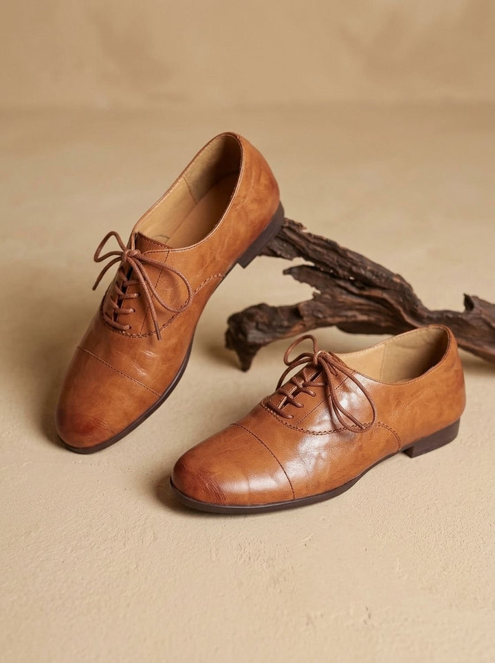 Women's Leather Lace-Up Cap Toe Oxford Flat Shoes