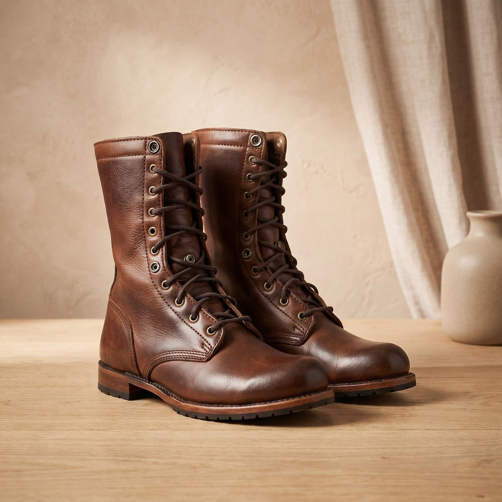 Women's Leather Lace-Up Mid-Calf Combat Boots - Dark Brown