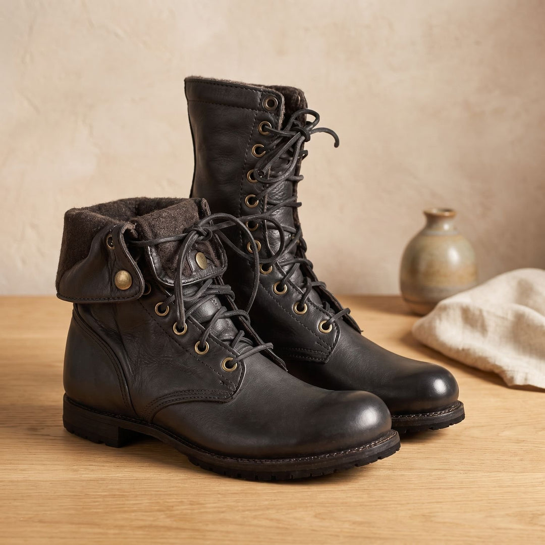 Women's Leather Lace-Up Mid-Calf Combat Boots - Black