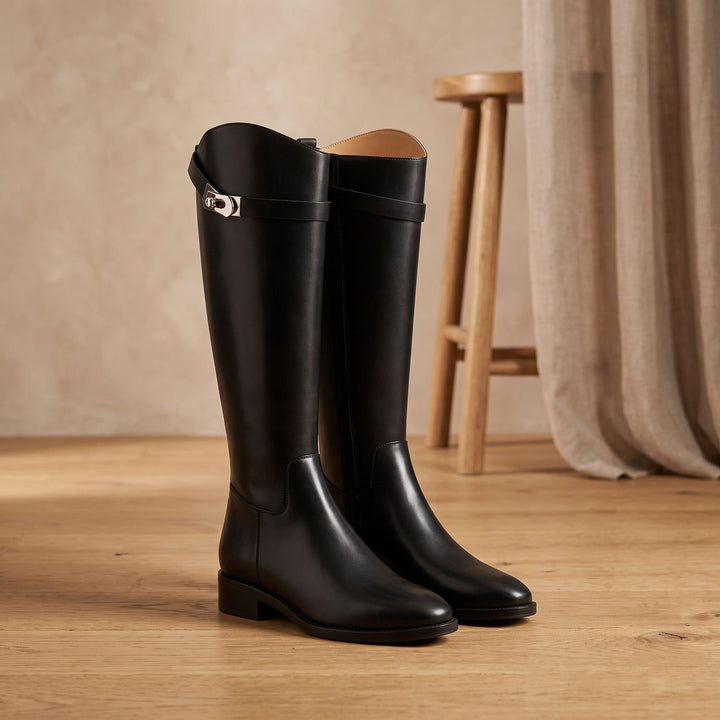 Women's Leather-Look Buckle-Detail Knee-High Riding Boots - Black