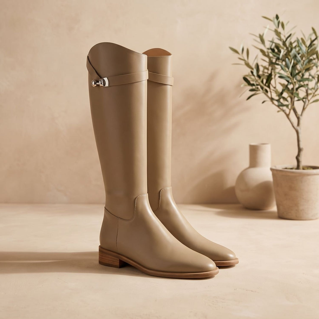 Women's Leather-Look Buckle-Detail Knee-High Riding Boots - Beige