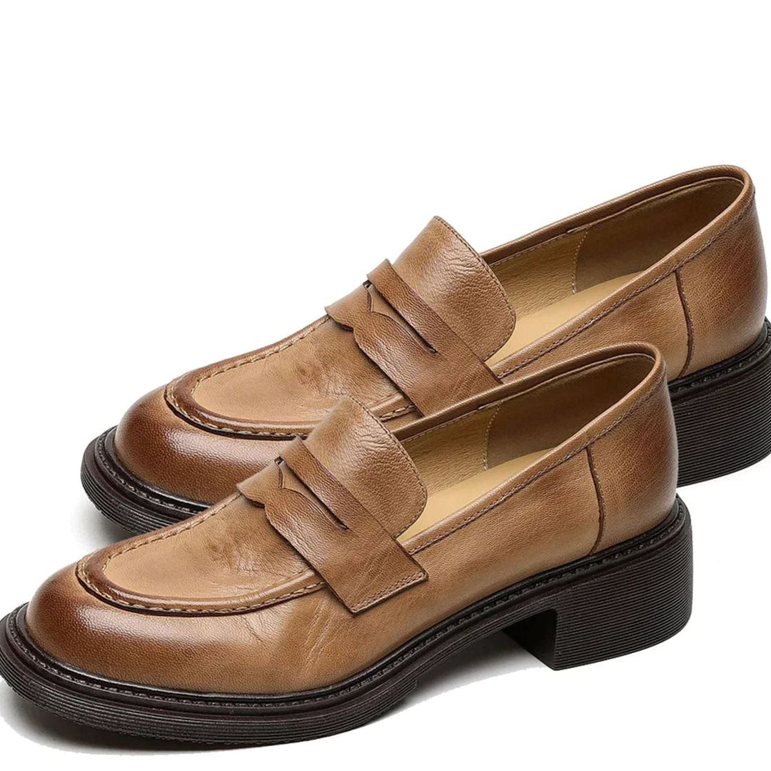 Women's Leather Penny Loafer Slip-On Flats - Light Brown