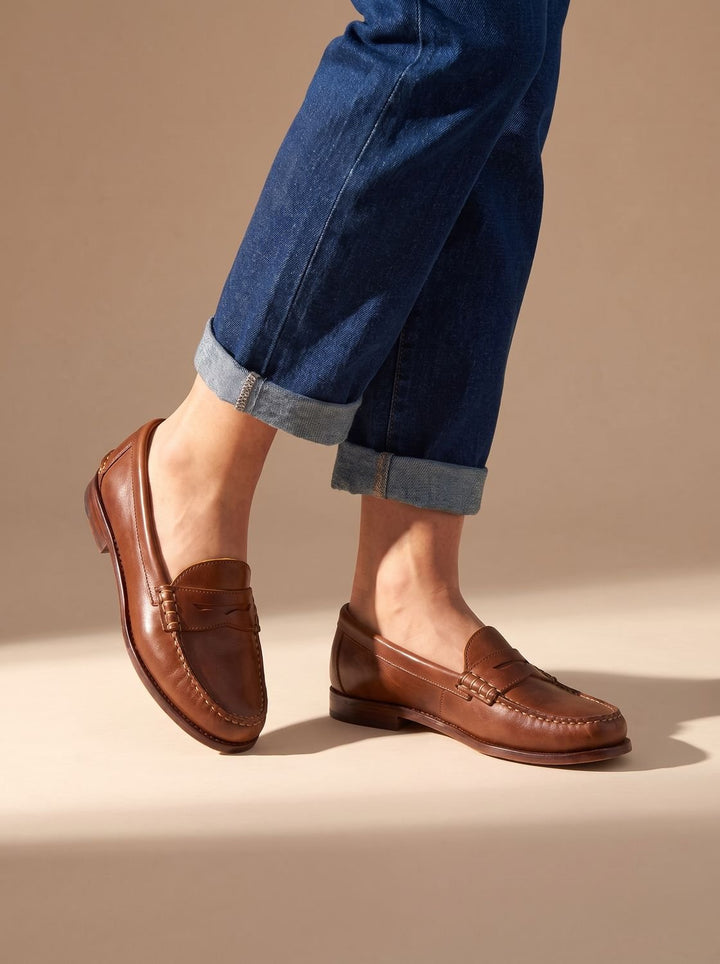 Women's Leather Penny Loafers Moccasin-Stitched Slip-On - Brown