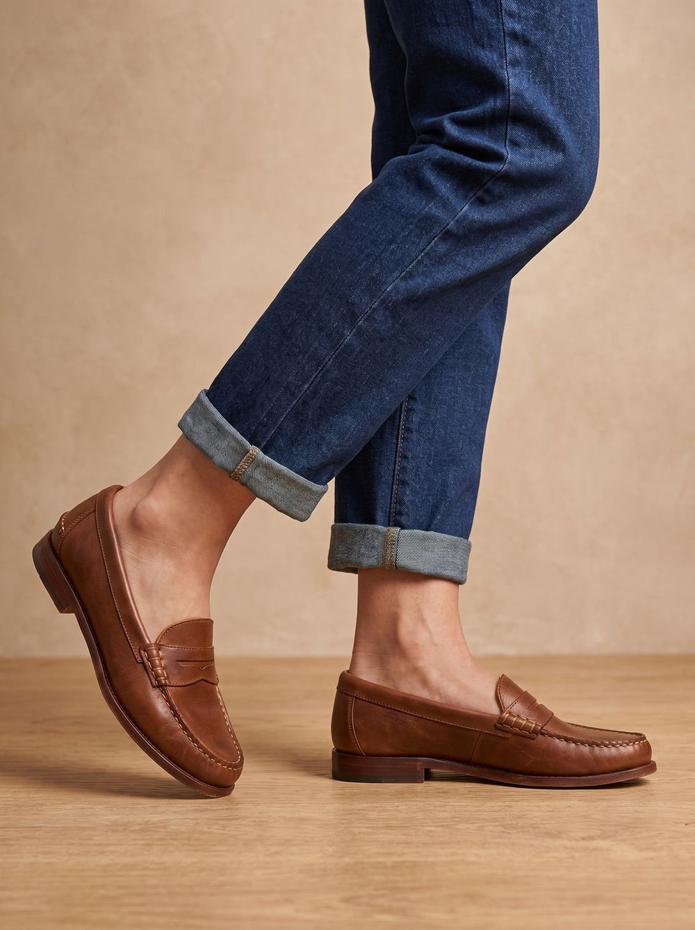 Women's Leather Penny Loafers Moccasin-Stitched Slip-On