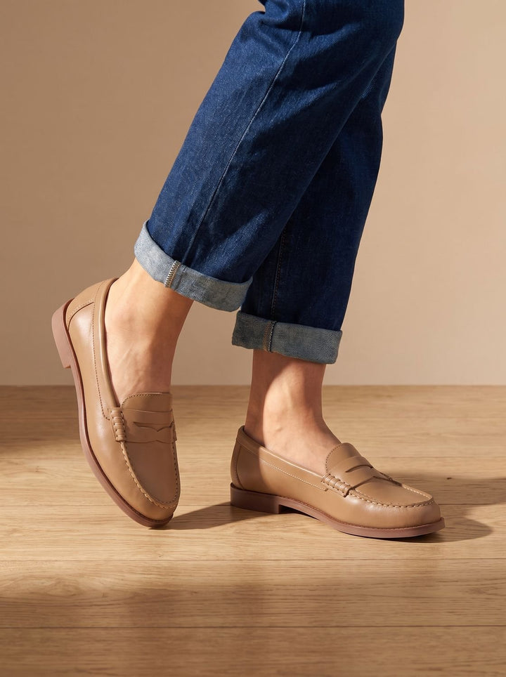 Women's Leather Penny Loafers Moccasin-Stitched Slip-On - Khaki