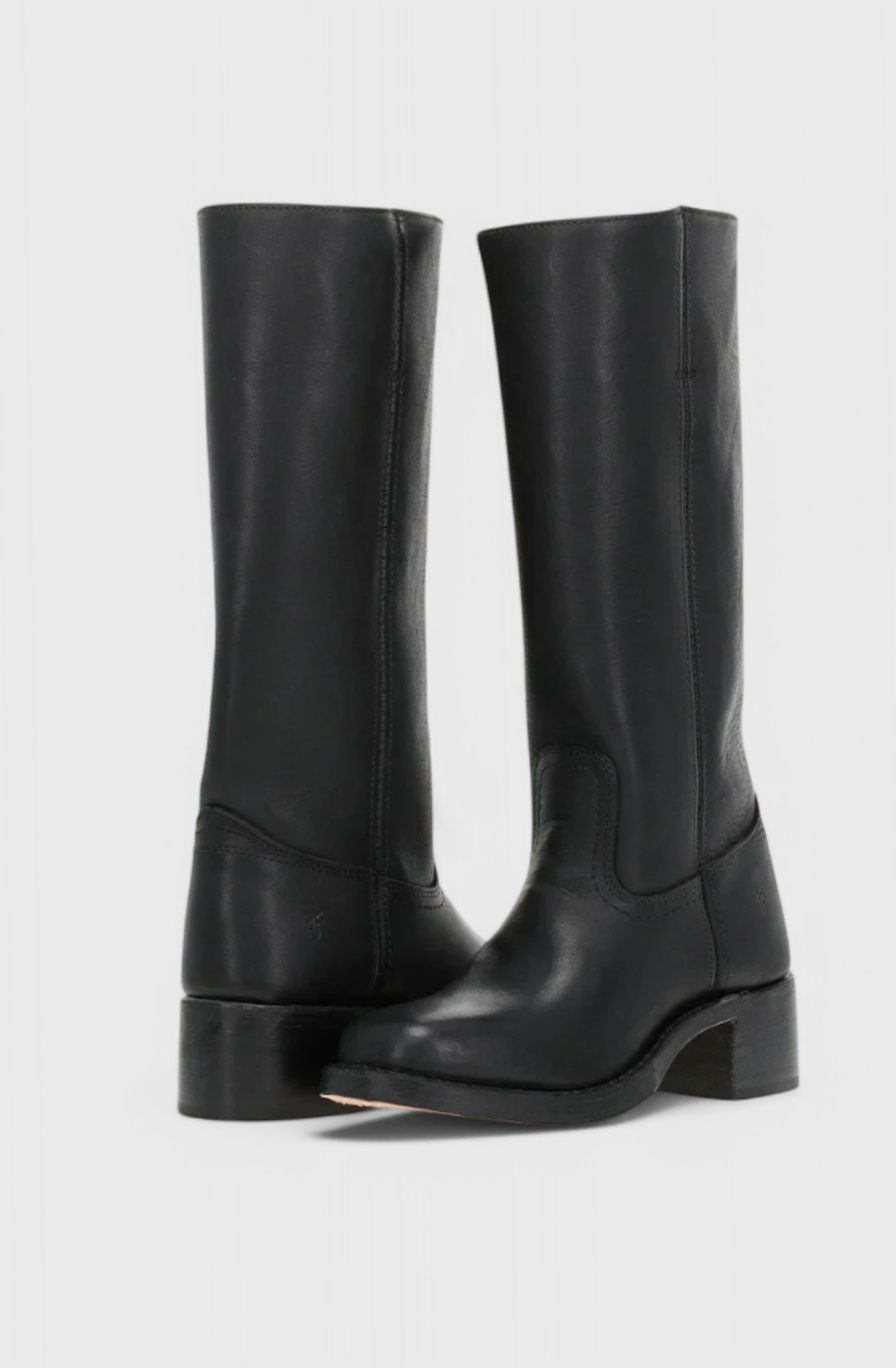 Women's Leather Stacked-Heel Knee-High Boots - Black