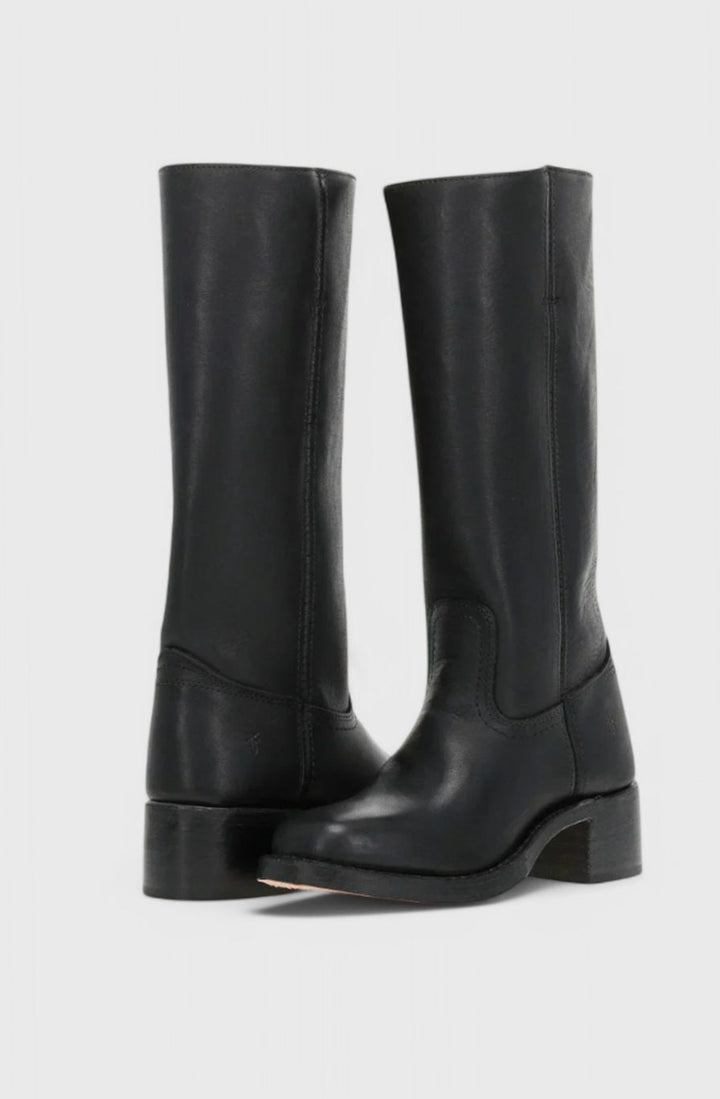 Women's Leather Stacked-Heel Knee-High Boots - Black