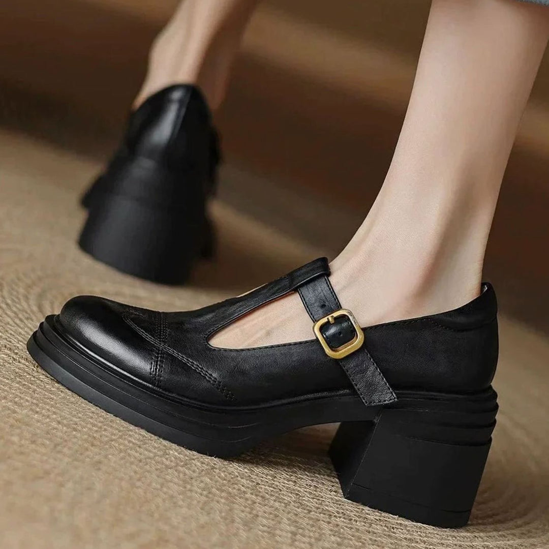 Women's Leather T-Strap Shoes Block Heel Round Toe Pumps - Black