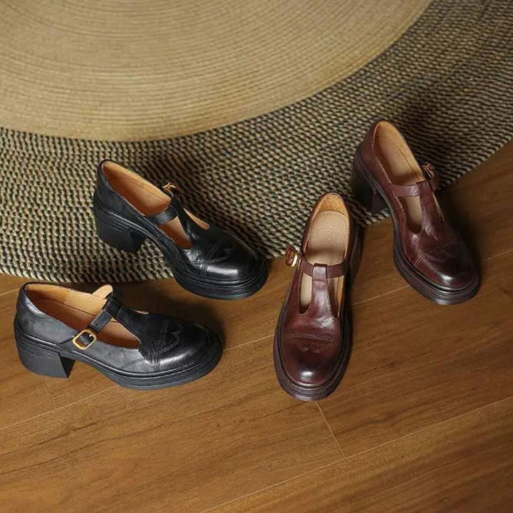 Women's Leather T-Strap Shoes Block Heel Round Toe Pumps