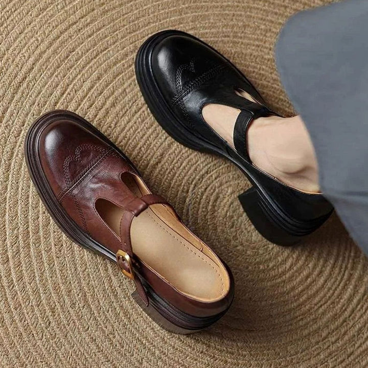 Women's Leather T-Strap Shoes Block Heel Round Toe Pumps