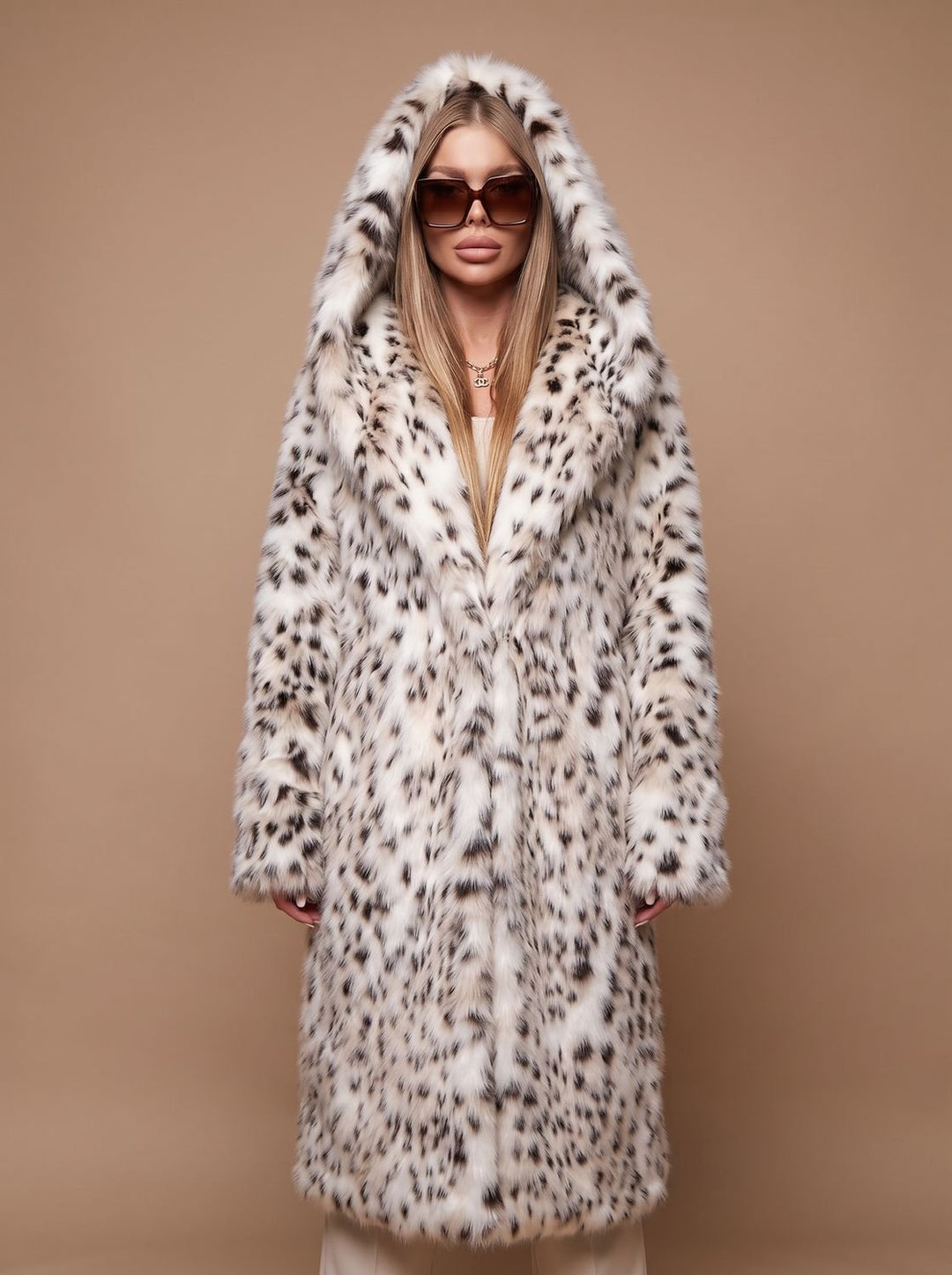 Women's Leopard Print Belted Faux Fur Coat Maxi Length