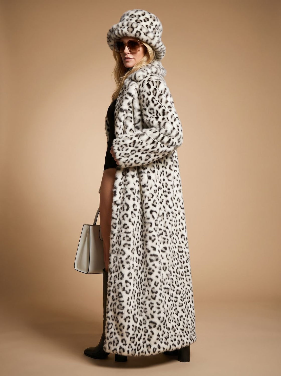 Women's Leopard Print Belted Faux Fur Coat Maxi Length