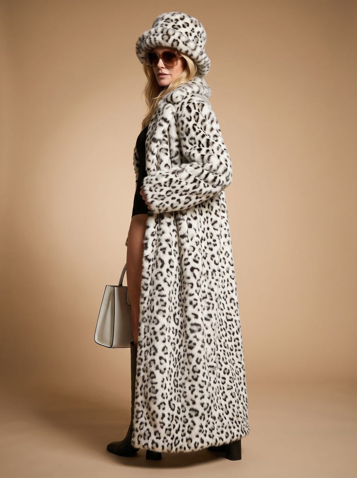 Women's Leopard Print Belted Faux Fur Coat Maxi Length