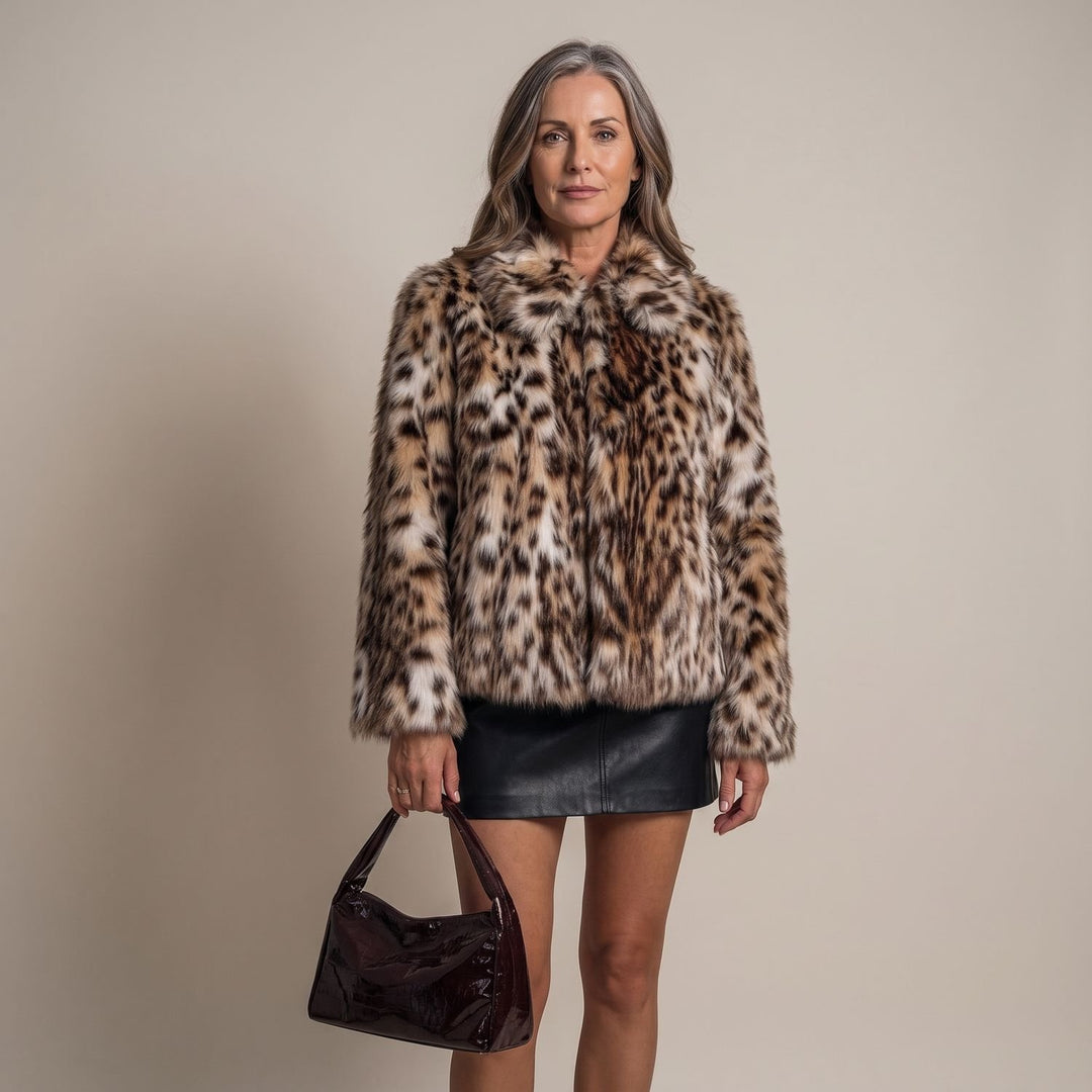Women's Leopard-Print Cropped Faux Fur Jacket - Brown