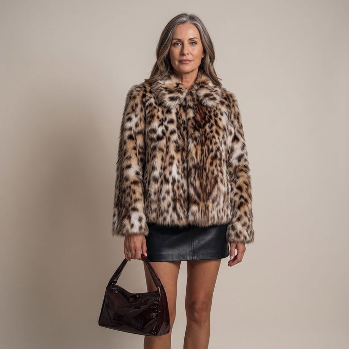 Women's Leopard-Print Cropped Faux Fur Jacket - Brown