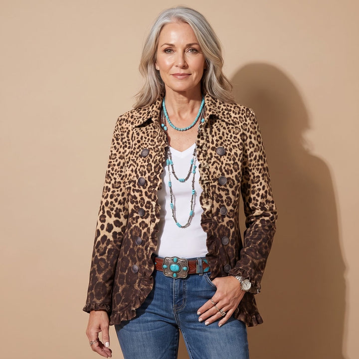 Women's Leopard Print Double-Breasted Ruffled Jacket - Multicolor