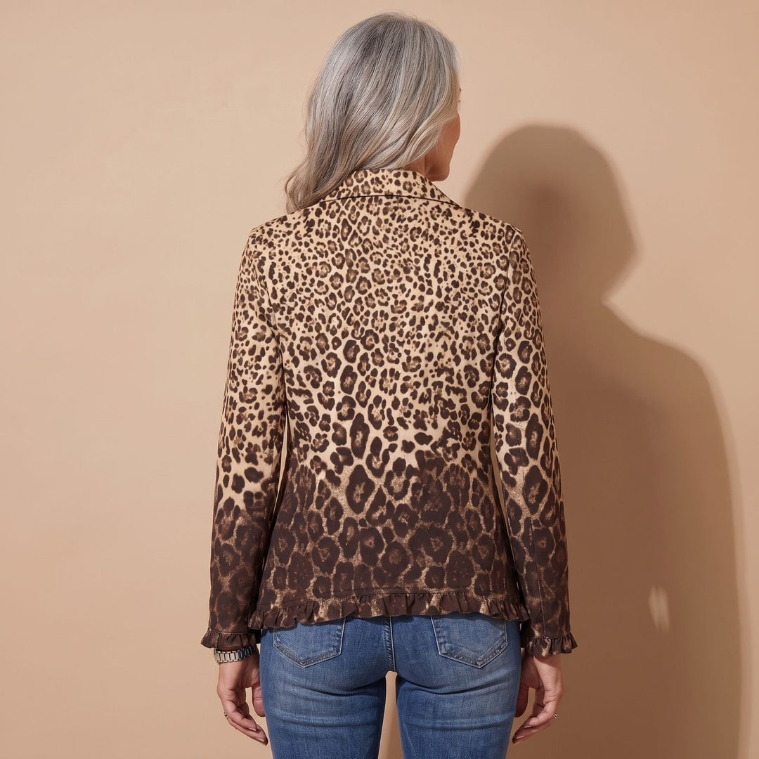 Women's Leopard Print Double-Breasted Ruffled Jacket